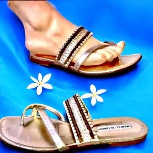 Manolo Blahnik THONG Gold Sandal Beads Rhinestones